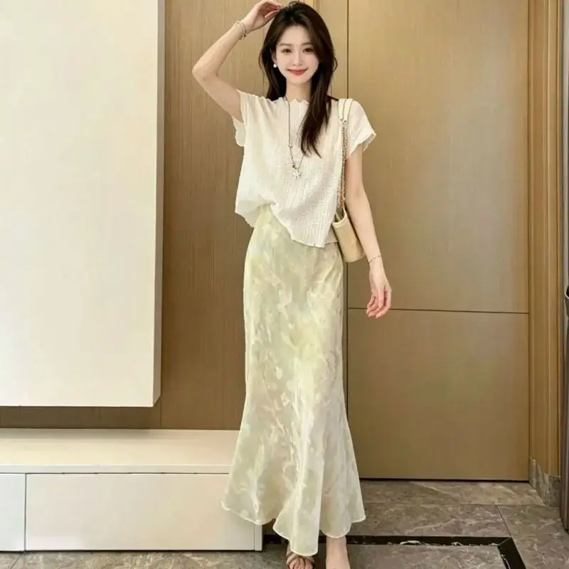 Fashionable Texture Sensation Short Sleeve Top High Waist  Skirt Set Women's Summer New Style Elegant Print Pattern Two-P...