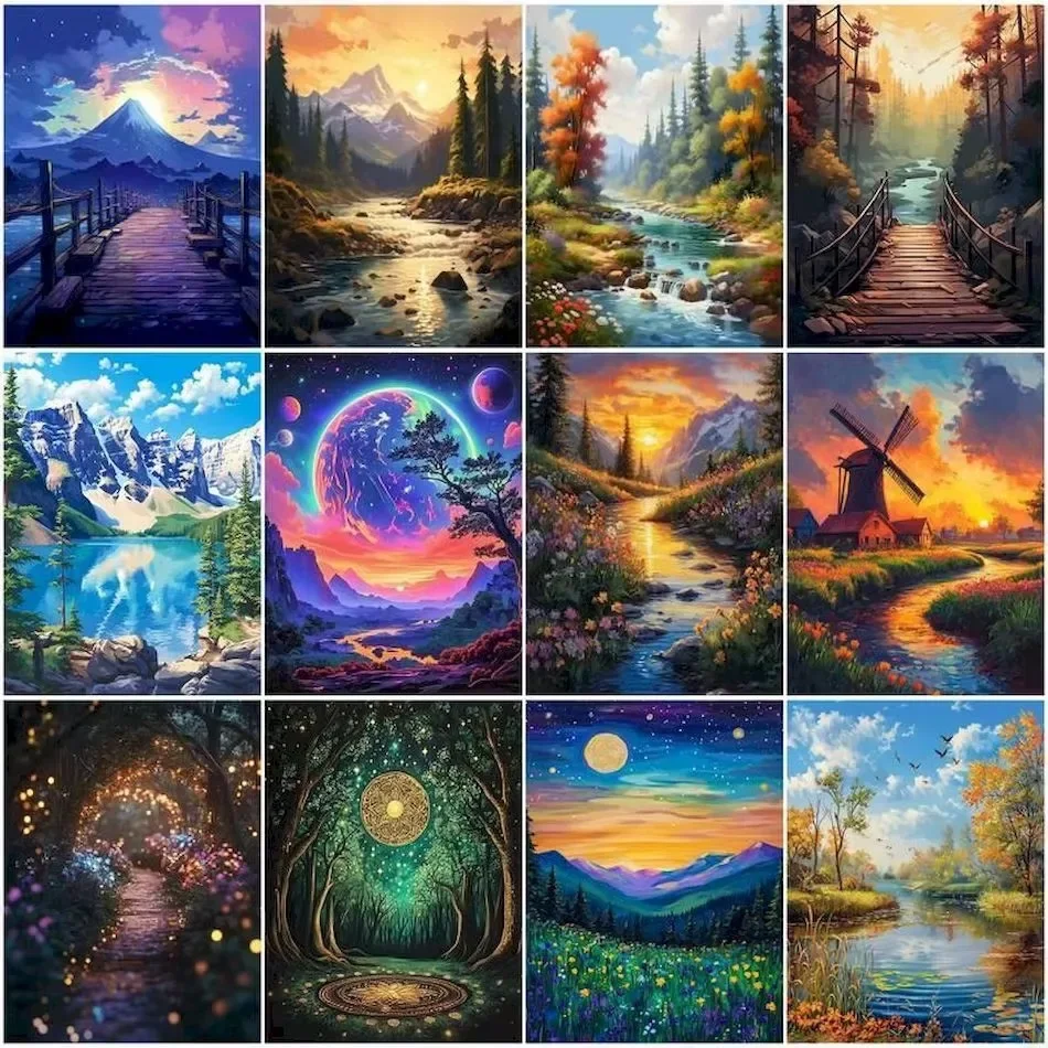 Diamond Painting DIY Diamond Painting  Natural Scenery Mosaic Handicraft Forest Mountain River Landscape Art Holiday Creative