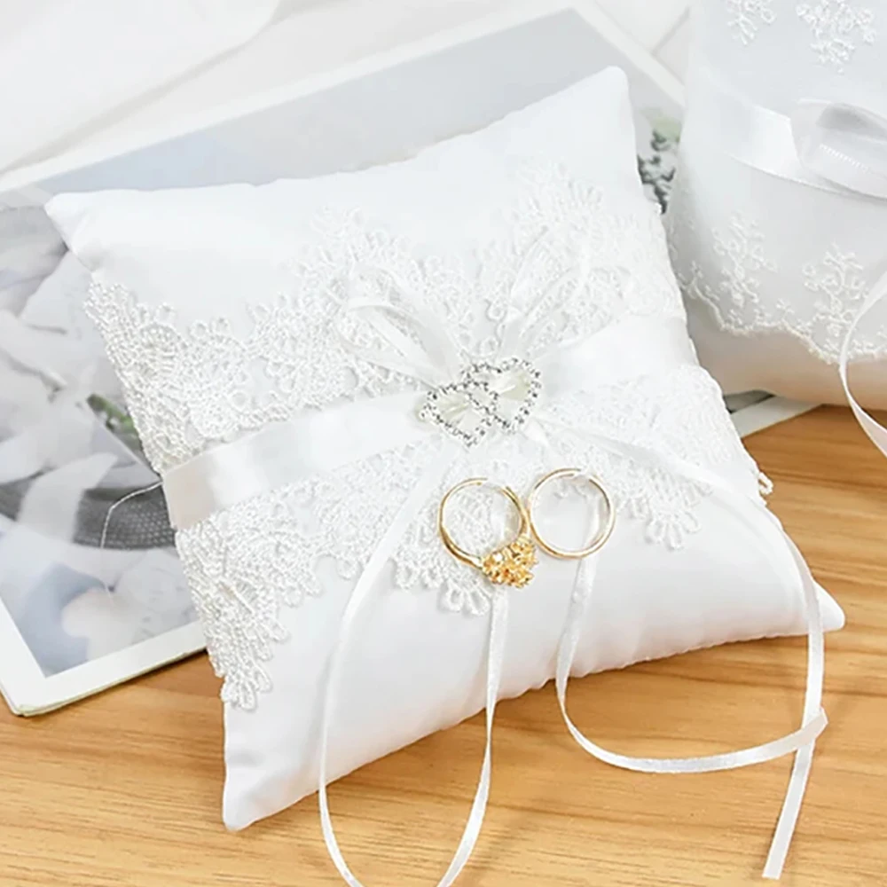 Lace Wedding Ring Pillow, with Rhinestone Love Decor, for Wedding Ring Exchange Ceremony 5.12inch(13cm)  Supply Ring Bearer