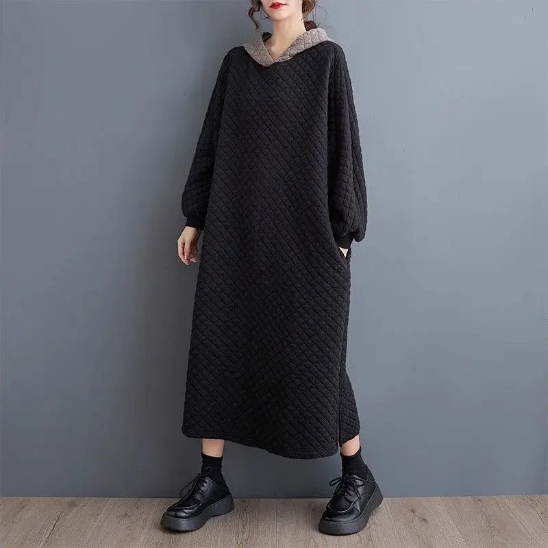 Large Size Women\'s Warm Dress 2023 Autumn/Winter New Fashion Cotton Quilted Sweatshirt Casual Hooded Dress Pullover Robe Z3690