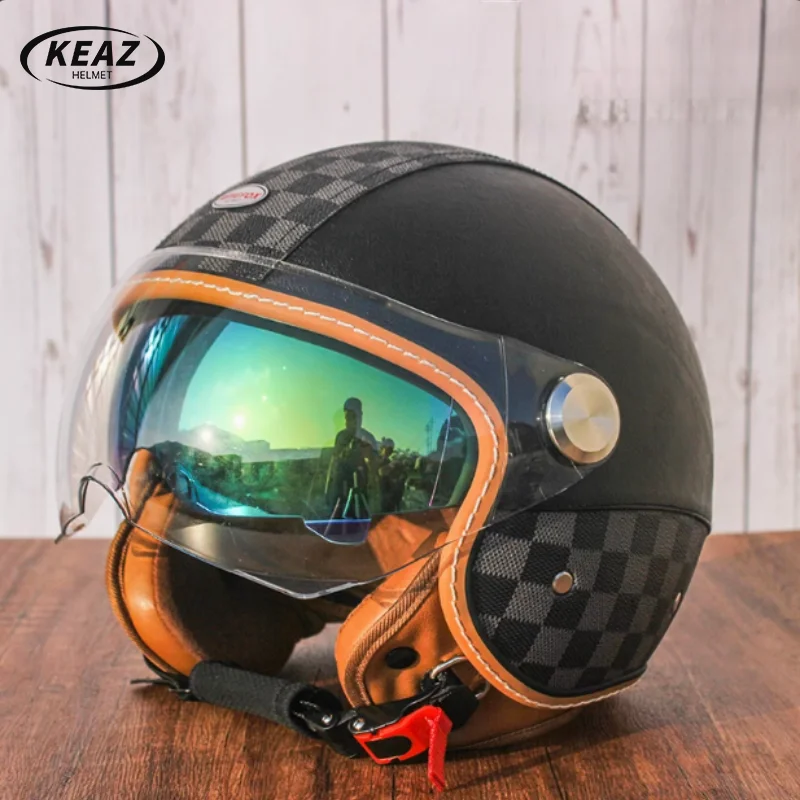 New DOT Standard DOT Certification Electric Motorcycle Helmet Female Big Head Male Double Mirror Retro three-quarters helmet