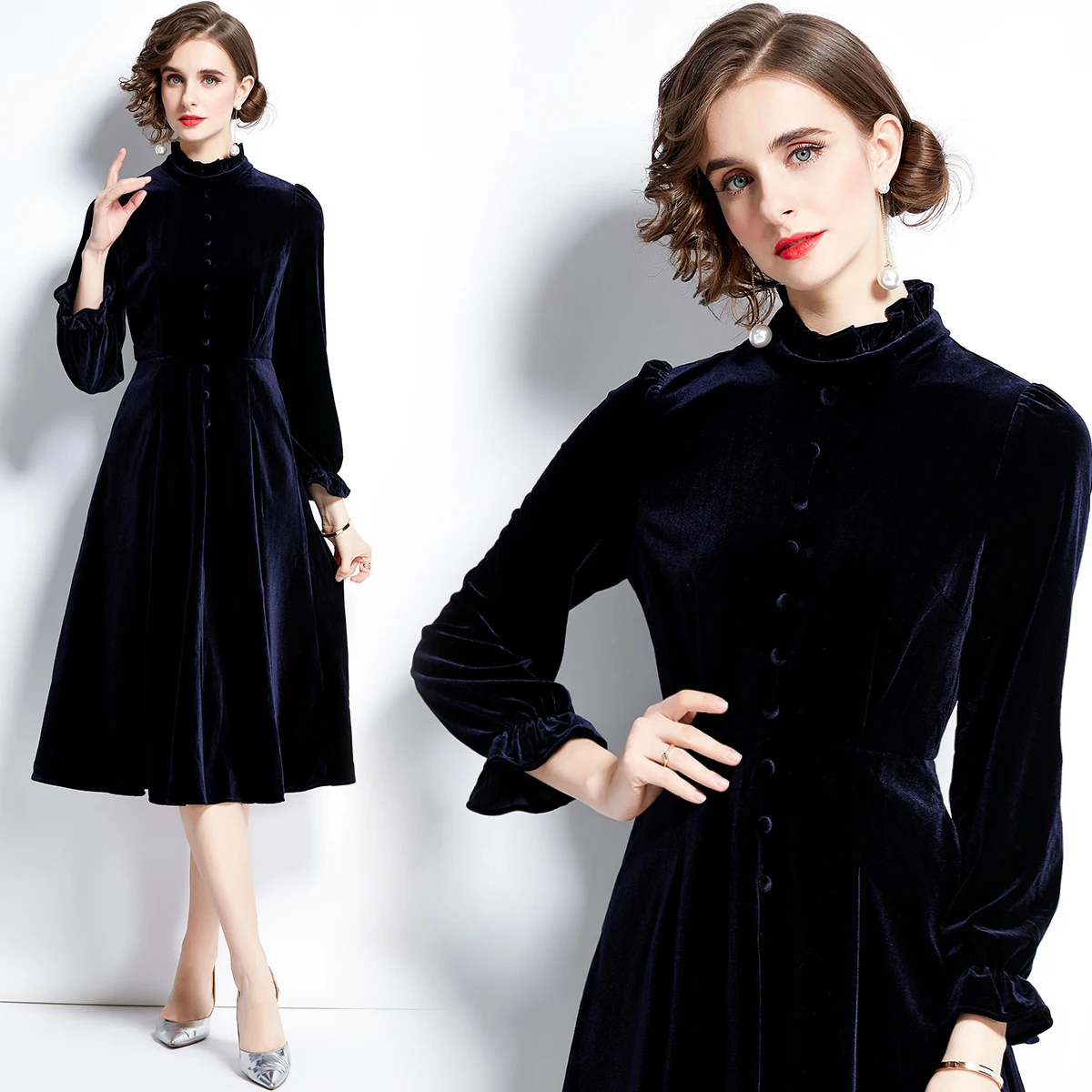 Autumn Winter Women Velvet Long Dress O-Link Collar Navy Blue Sequined Stars Ribbon Dress Flare Sleeve Elegant Party Midi Dress