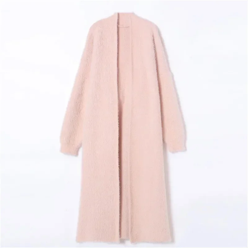 2024 Autumn Winter Loose Lazy Style Ankle Length Thickened Pure Imitation Mink Fleece Knitted Sweater Coat Long Cardigan Women