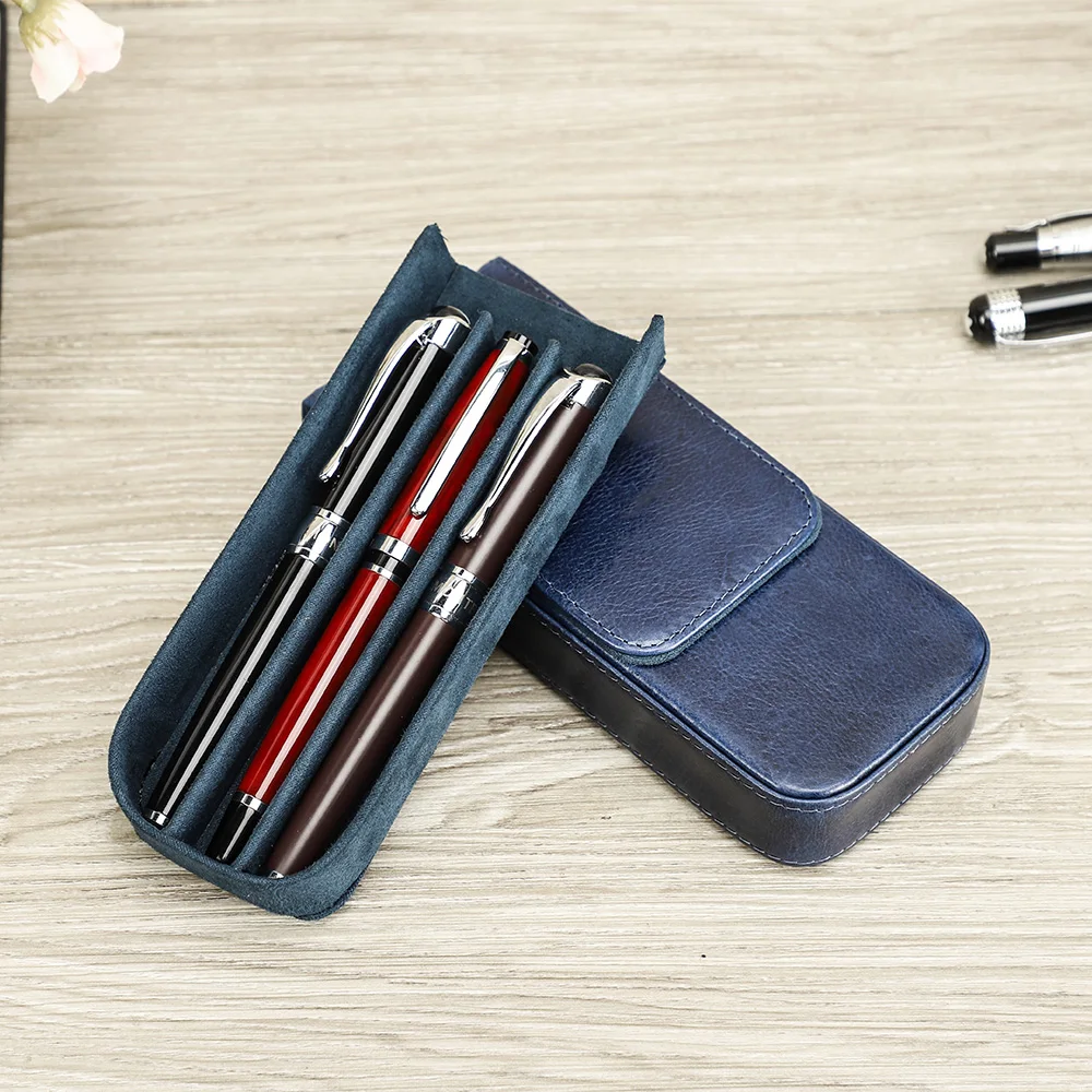 Luxury 3 Slots Fountain Pen Case Genuine Leather 7 Colors Pen Pouch Bag Business Office Unisex School Stationery For Boys Girls