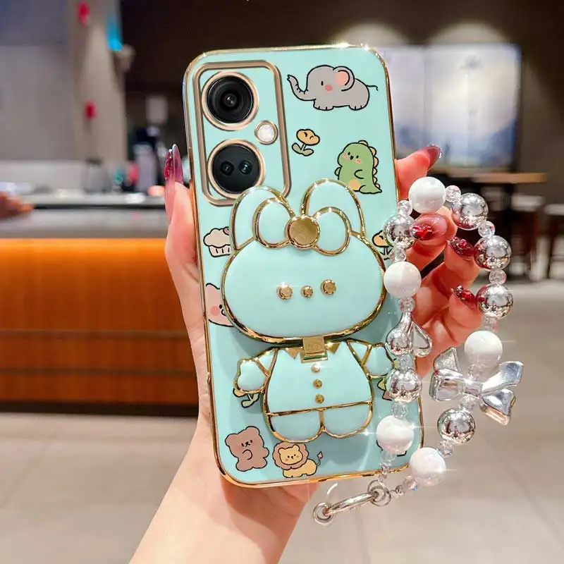 Pearl Strap Lanyard Animal Rabbit Phone Holder Case On For Oneplus 9 9r 8T 10 Ace 11 11R 12 Pro Ace 2b 2 3 3V Stand Back Cover