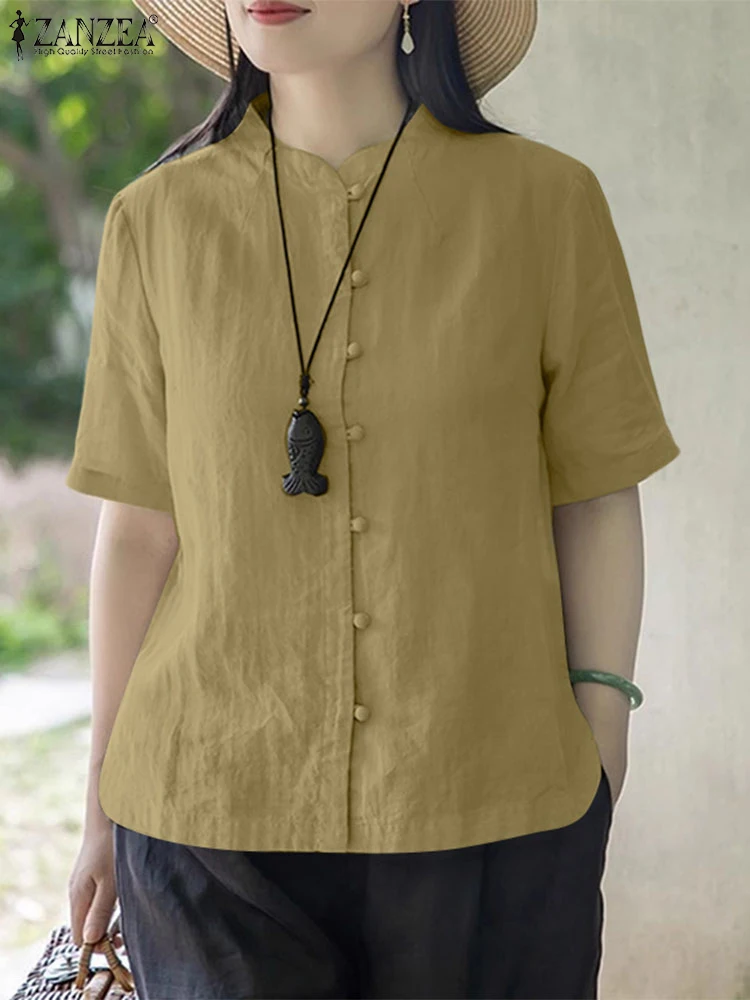 

Vintage Cotton Tops Fashion Short Sleeve BlousesZANZEA 2025 Women Blusas Summer Pullover 2025 Casual O Neck Tunics Oversized