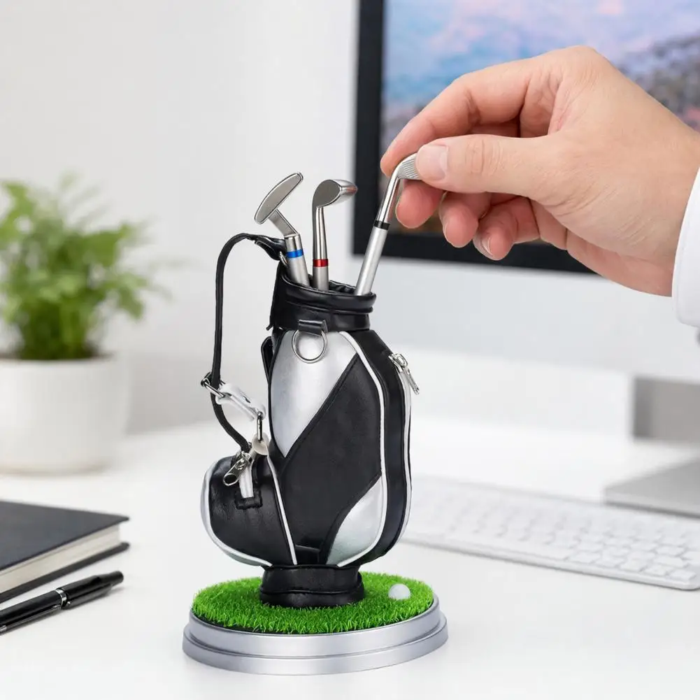 Golf Pen Holder Set, Mini Golf Bag Desk Organizer with 3 Golf Club Pens Novelty Office Supplies Desk Decor for Men Business Gift