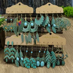 Antique Green Bronze Earrings Retro 3 Pairs Set Women's Alloy Earrings Bohemian Wings Turquoise Tassel Jewelry Wholesale
