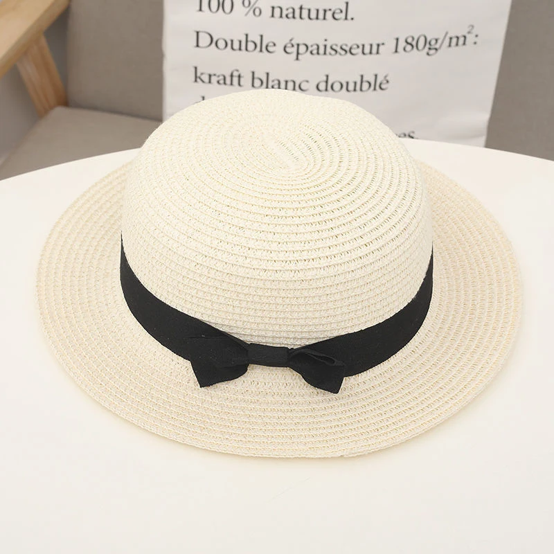 COKPanama Simple Summer Beach Sun Protection Bowknot French-style Small Hat Women's Casual Flat-Brimmed Straw Hat with Bow