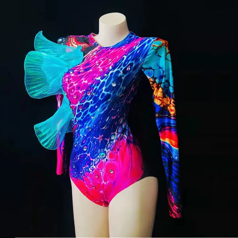 

New Flashing Rhinestones Printed Bodysuit Singer Latin Pole Dance Costume Elastic Leotard Club Party Show Rave Clothing Tights