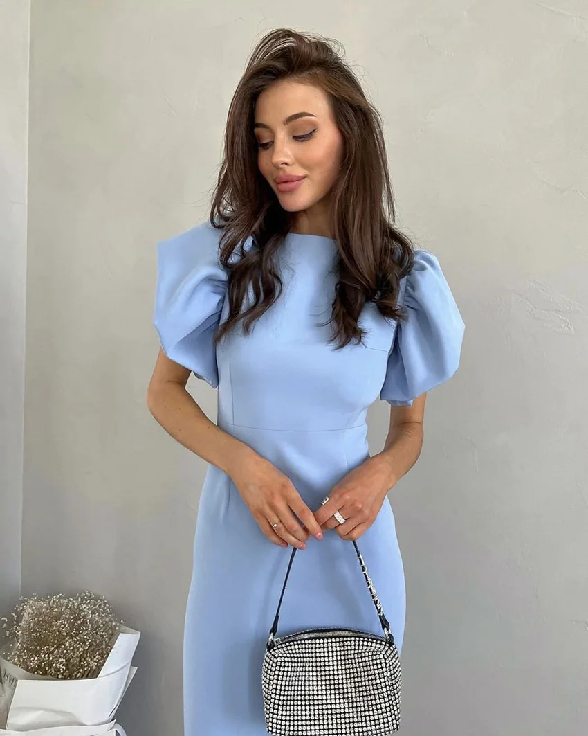 Elegant Bodycon Midi Dresses For Women Summer Casual O-neck Ruffle Sleeve Slit Office Dress Fashion Chic Blue New Dresses 2024