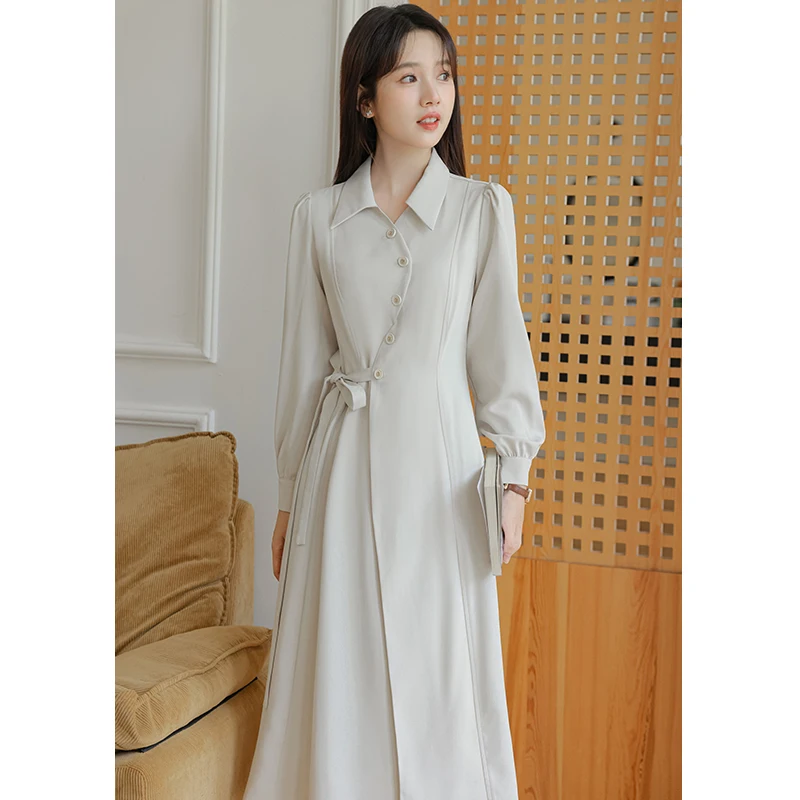 Women Dresses Autumn Simple Turn-down Collar A-line Mid-waist Long Sleeve Office Lady Solid Color Daily Casual Female Dresses