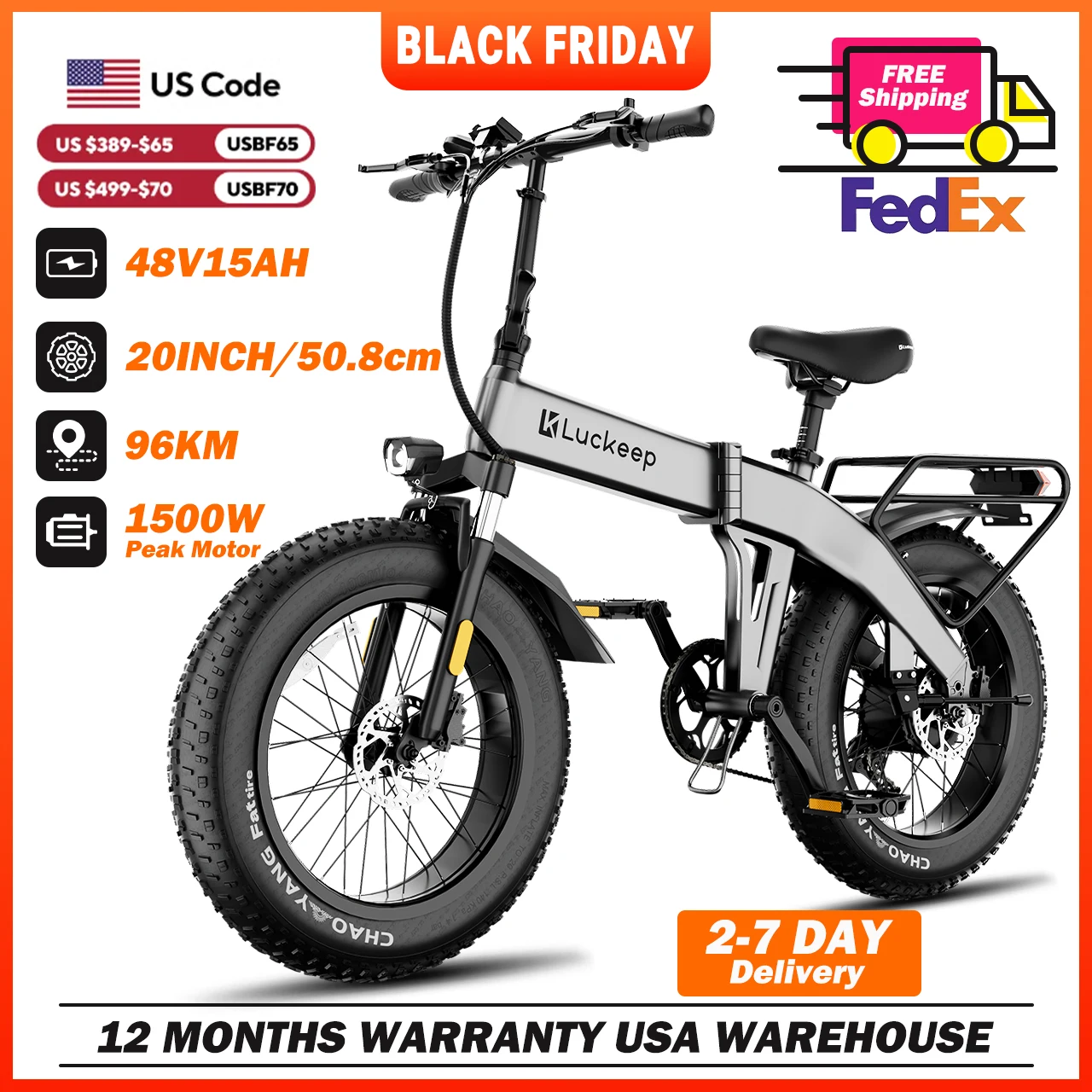 

【1 Year Warranty】Luckep X1 Lite Folding Electric Bike for Adults 1500W Peak Motor,28MPH60 Miles,15AH 20 x 4.0 Fat Tire Ebike