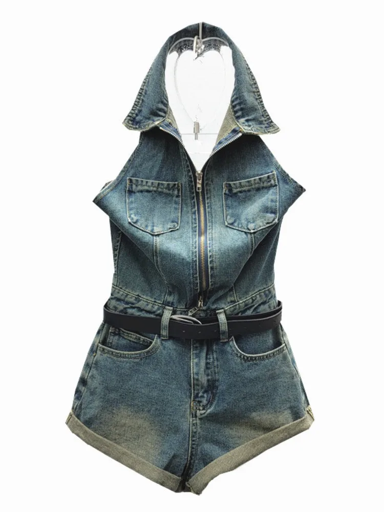 [EWQ] 3XL Street Fashion Zipper Pocket Vest Y2K High Waist Wide Leg Shorts Denim Sets Give Belt Women jumpsuit 2024 Summer New