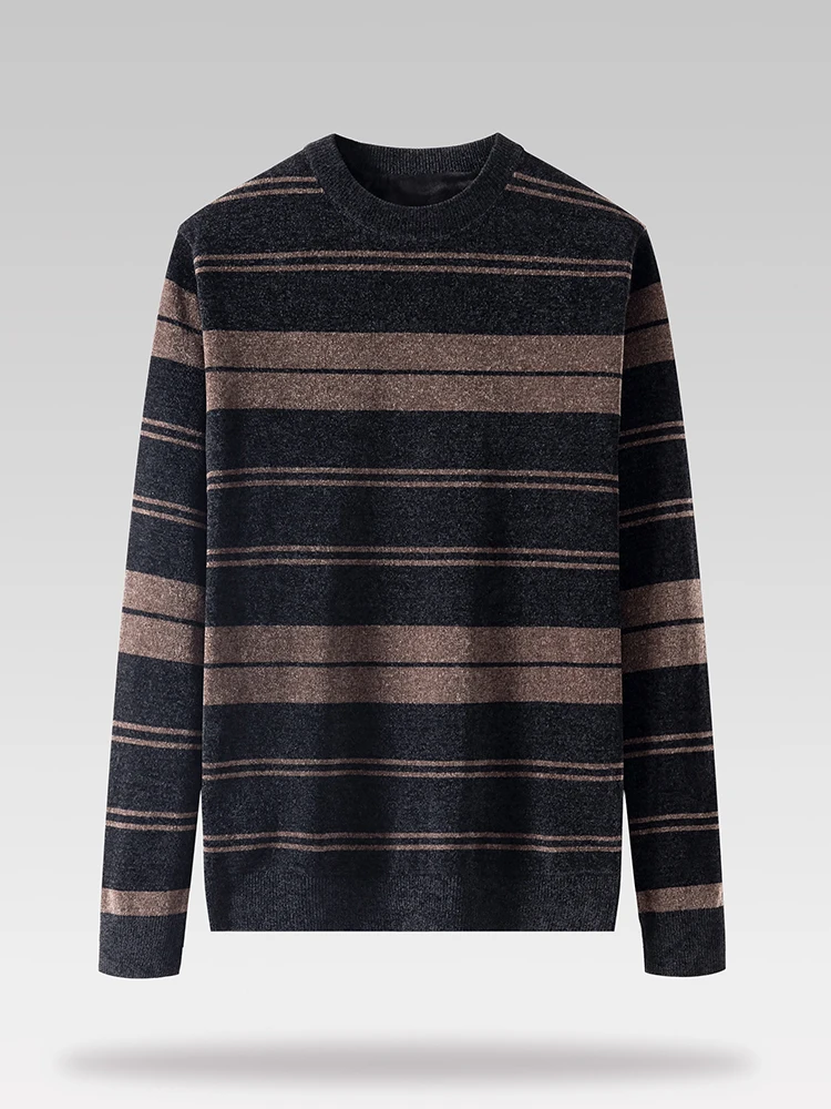 

Модный мужской зимний повседневный трикотажный свитер с круглым вырезом, в полоску, под флис, с длинными рукавами, в стиле кэжуал-бизнес