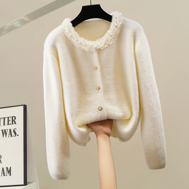 

Korean Sle Heavy Work Flower Splicing Sweater Jaet Loose Long Sve Top Faionable Versatile Autumn Winter Warm Wool Blend