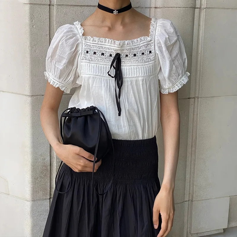 

【Gift Free】2026 Early Spring French Style Ruffle Square Neck Puff Sleeve Colorblock Ribbon Sweet Blouse Women