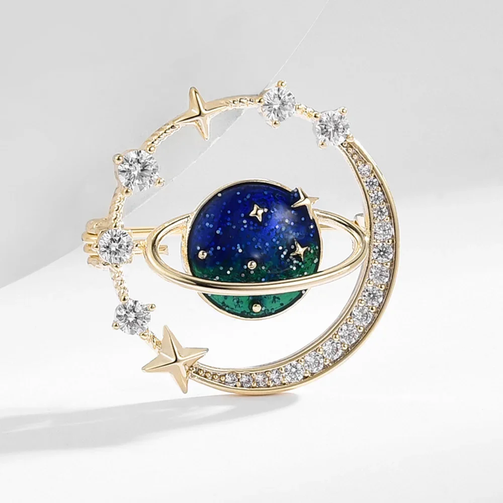 

New Blue Universe Planet Zirconia Brooch for Women Girls High Quality Jewelry Accessories Clothes Coat Decoration Safety Pin