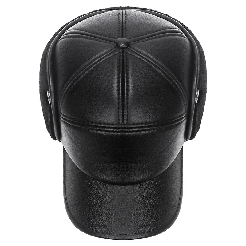 New Winter Bomber Hat Men Women Russian Black Leather Ushanka Cap With Ear Flaps Fur Warm Leather Brand Baseball Cap