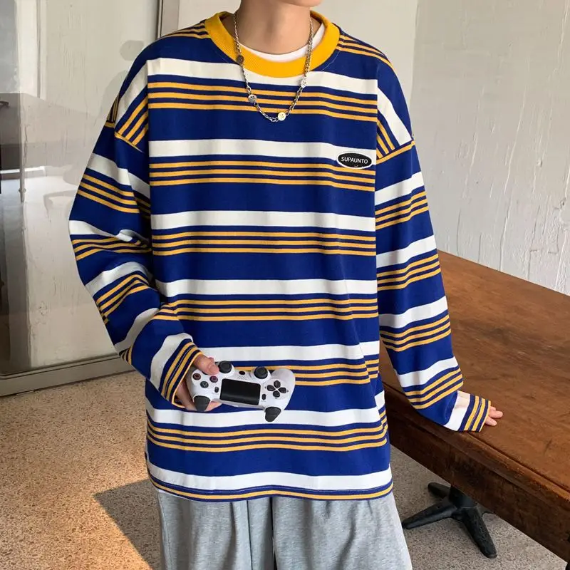 

Men Clothing Trendy Striped Print Oversize Streetwear Y2K Sweatshirts Youth Male Korean Casual O Neck Long Sleeve Pullover Tops