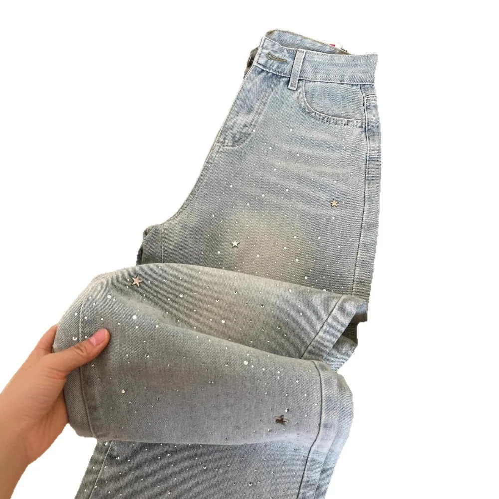 Pantalon à jambes larges pour femmes, poche taille haute avec fermeture éclair en strass, jean de Style printemps et automne