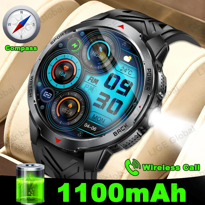 

LIGE Новые мужские умные часы со сверхем емкостью 1100 мАч, 1,7 дюйма, HD, Bluetooth, компас, светодиодный фонарик, 3 атм, спортивные умные часы для мужчин