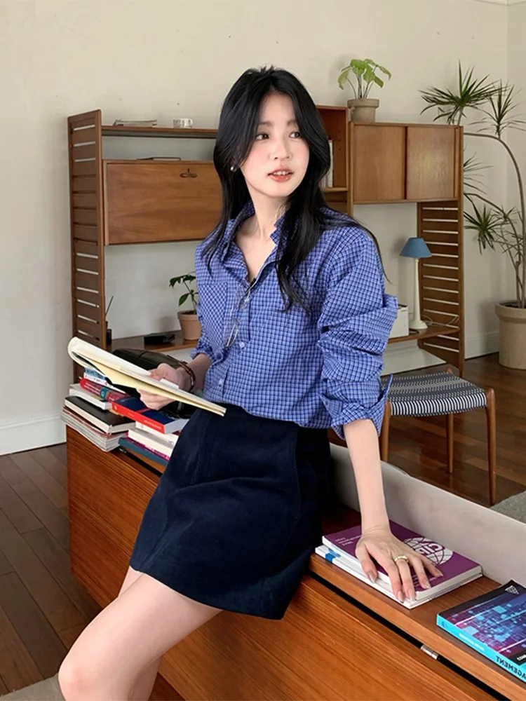 

Retro Blue Plaid Women's Casual Shirt Layering Base Layer Spring Winter Cotton Long Sleeve Button up Stand Collar Dress Shirt