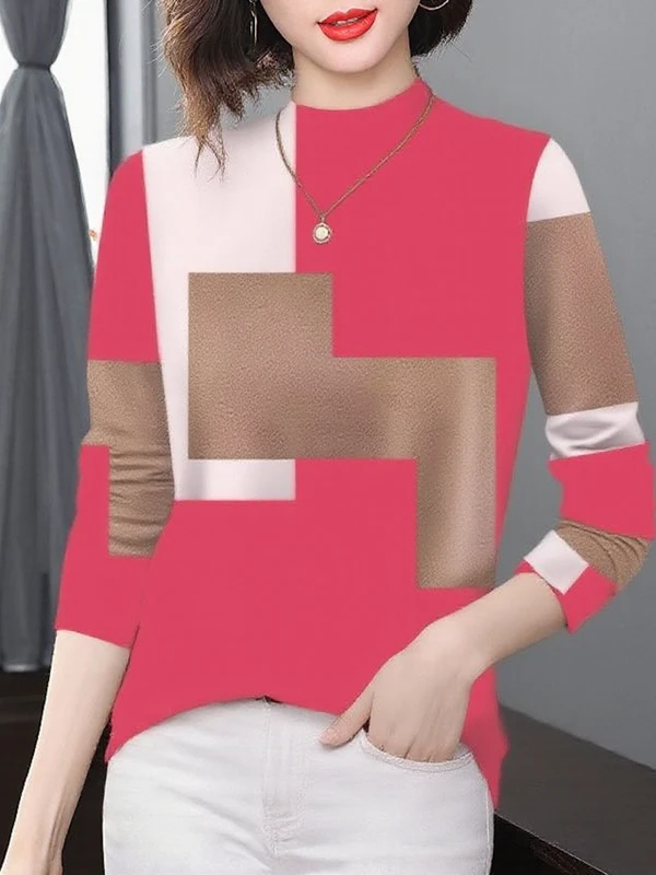 

Elegant Geometric Print Long Sleeve Knitted Sweater Thickened Fleece Half High Collar Elderly Women's Fashion Anti-Aging Top