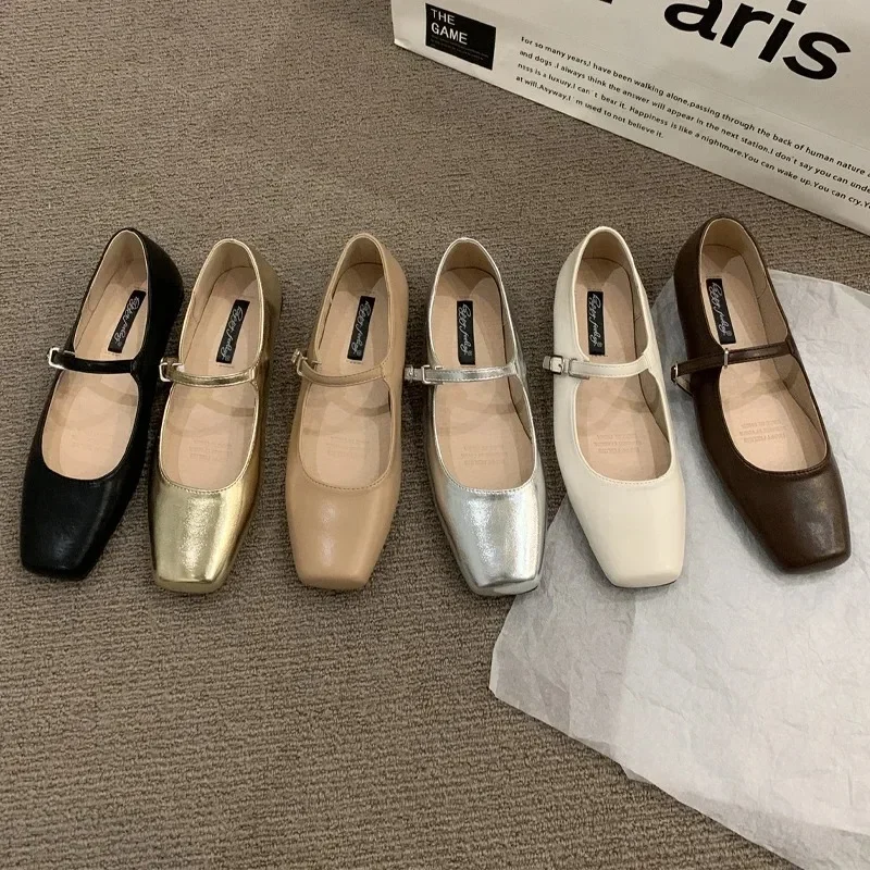 2024 Summer New Brand Women Flats Fashion Square Toe Shallow Mary Jane Shoes Soft Casual Ballet Shoes Slingback Shoes Black