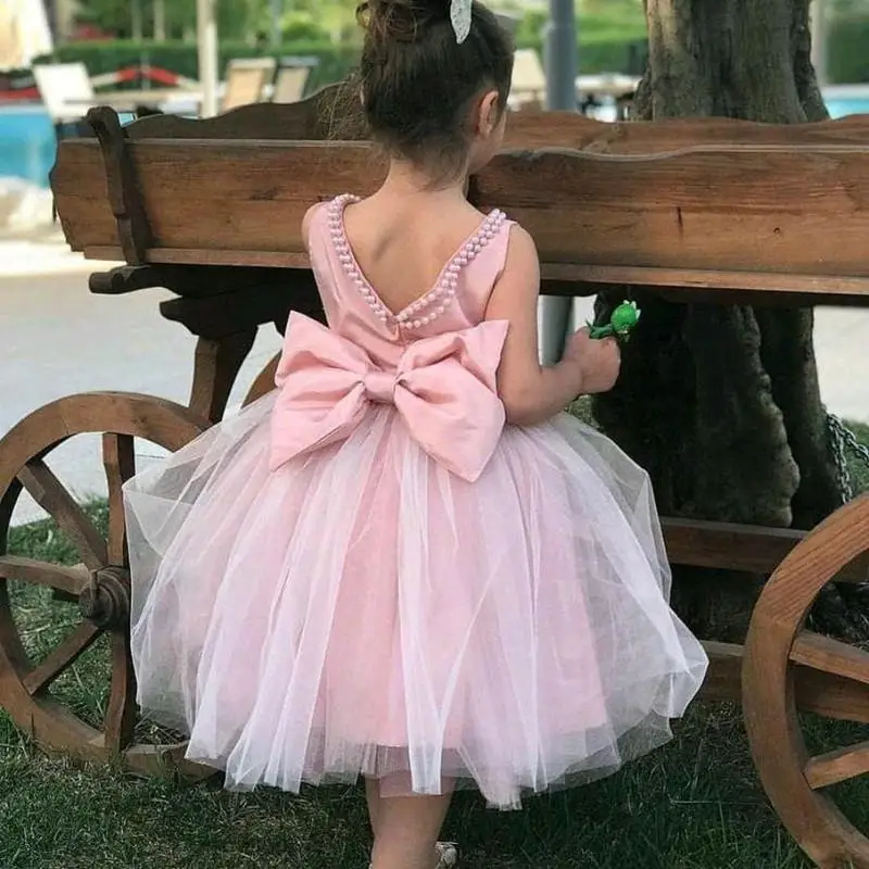 Lindo vestido rosa flor menina tule para casamentos simples e barato pérolas comprimento chá bebê aniversário crianças festa de aniversário arco