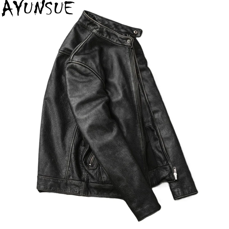 AYUNSUE Top Layer Cowhide Leather Jackets Man Genuine Leather Distressed Gray Real Leather Coat Outerwear Motorcycle chaquetas