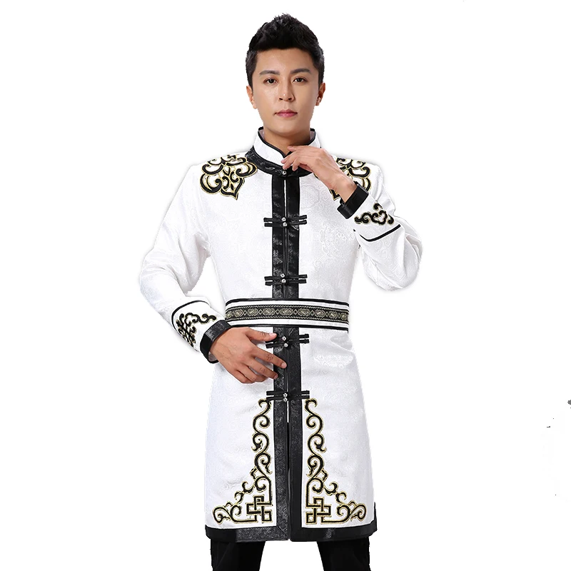 بدلة تانغ بياقة واقفة، زي رجالي منغولي، ثوب أبيض، ملابس المعيشة في المراعي، ملابس ركوب الخيل منغوليا للبالغين #1