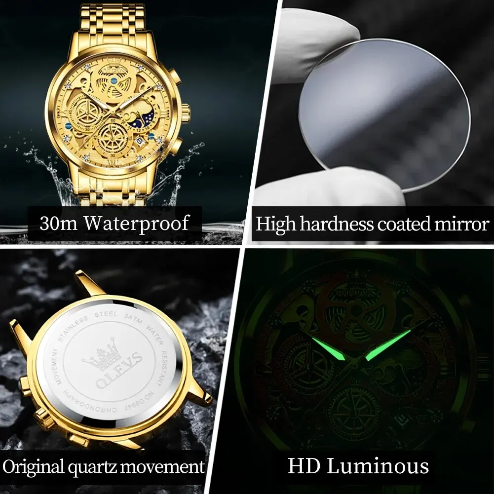 OLEVS 9947 Men\'s Watches Top Brand Luxury Original Waterproof Quartz Watch for Man Skeleton Style 24 Hour Day Night Wristwatch