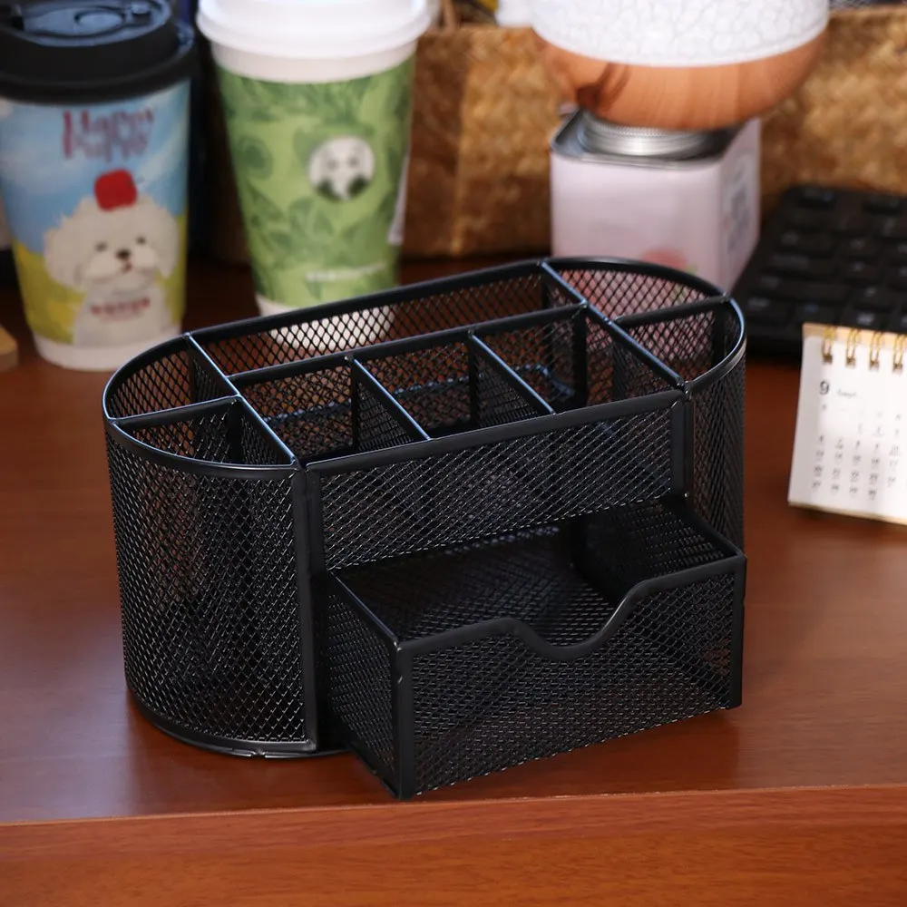 Multifunctional Iron Nine Storage Pen Holder Metal Mesh Black Desk Organizer Space Saving Large Capacity Pencil Holder Cosmetics