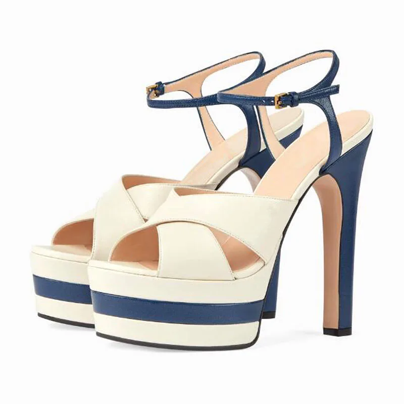 

Sexy Three Layer Patched Platform Cross Strap Sandals Peep Toe Super High Heels Ankle Strap Woman Summer Street Fashion Shoes