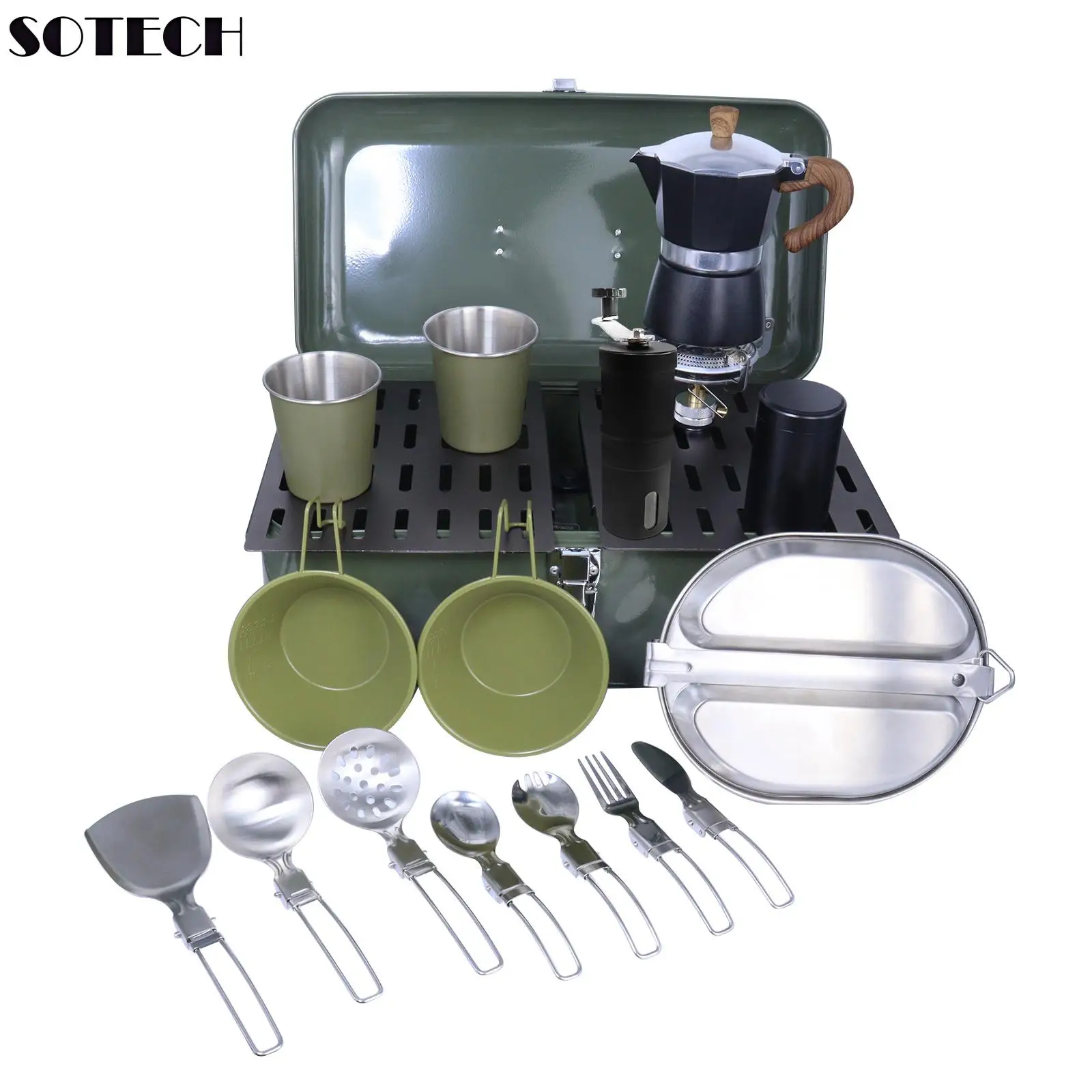 Portable Camp Coffee Accessories Set Including Foldable Cookware Set Tableware Set Cooking Pan Set Mini Stove for Outdoor Picnic