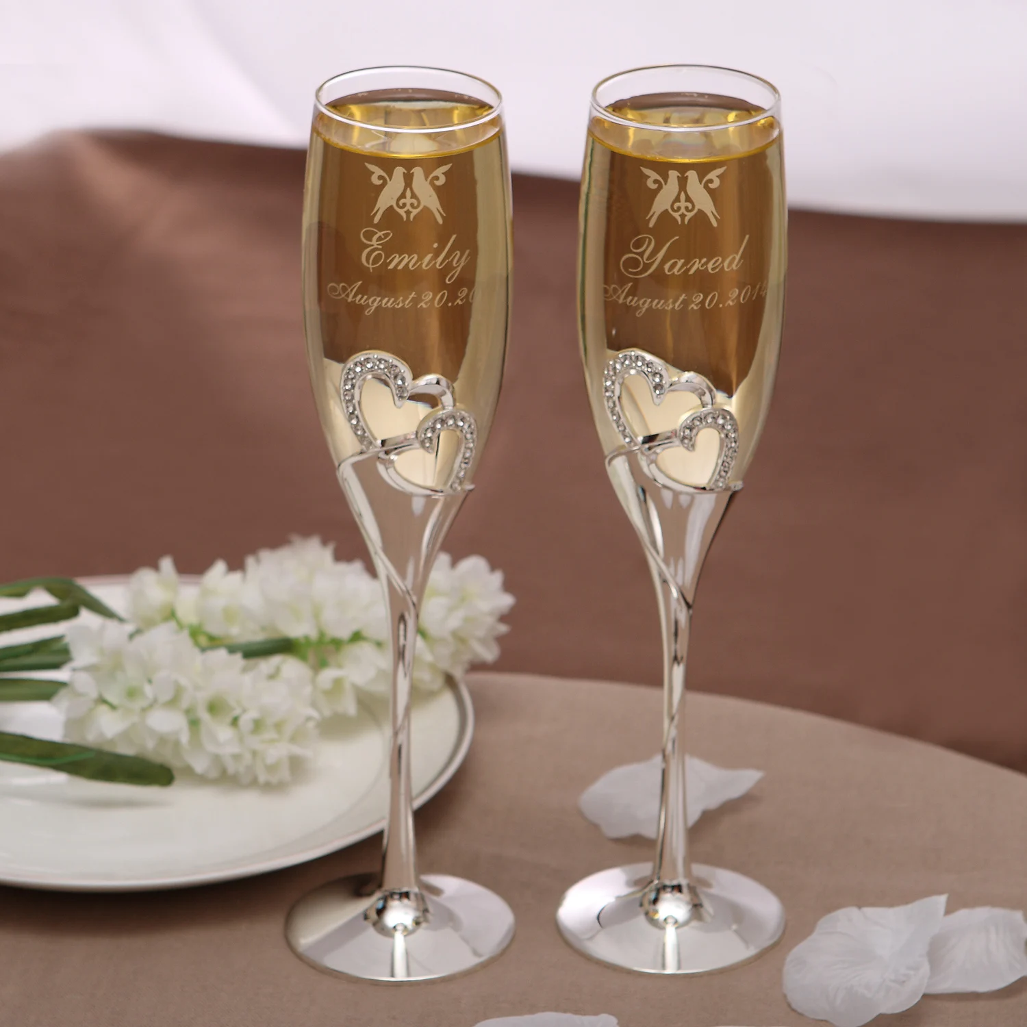 Custom Bride and Groom Wedding Toasting Flutes Wedding supplies  Personalized Toasting Flutes Double Diamond Heart-(Set of 2)