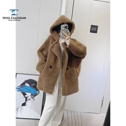 Teddy Lamb Wool Coat for Women, Short and Small Lamb Wool, Granule Sheep Shearing, Fleece Hooded Fur Coat, New Style, Winter 202
