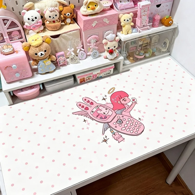 Leather PU Desk Pad Protector Pink Polka Dot Kawaii Girl Bunny Y2K Mousepad Office Desk Mat Waterproof Non-Slip Desk Blotter Pad