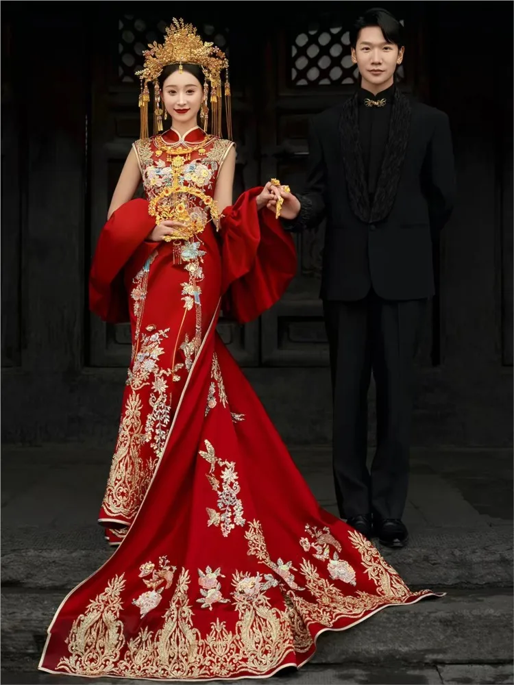Heavy industry cheongsam shawl fishtail skirt toasting and wedding dress