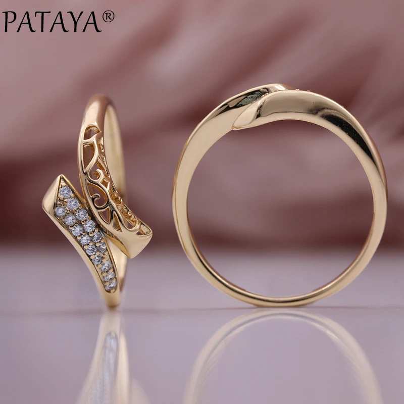 PATAYA New Natural Zircon Metal Hollow Rings 585 Rose Gold Color Women Modern Fashion Jewelry Creative Unique Lovely Rings