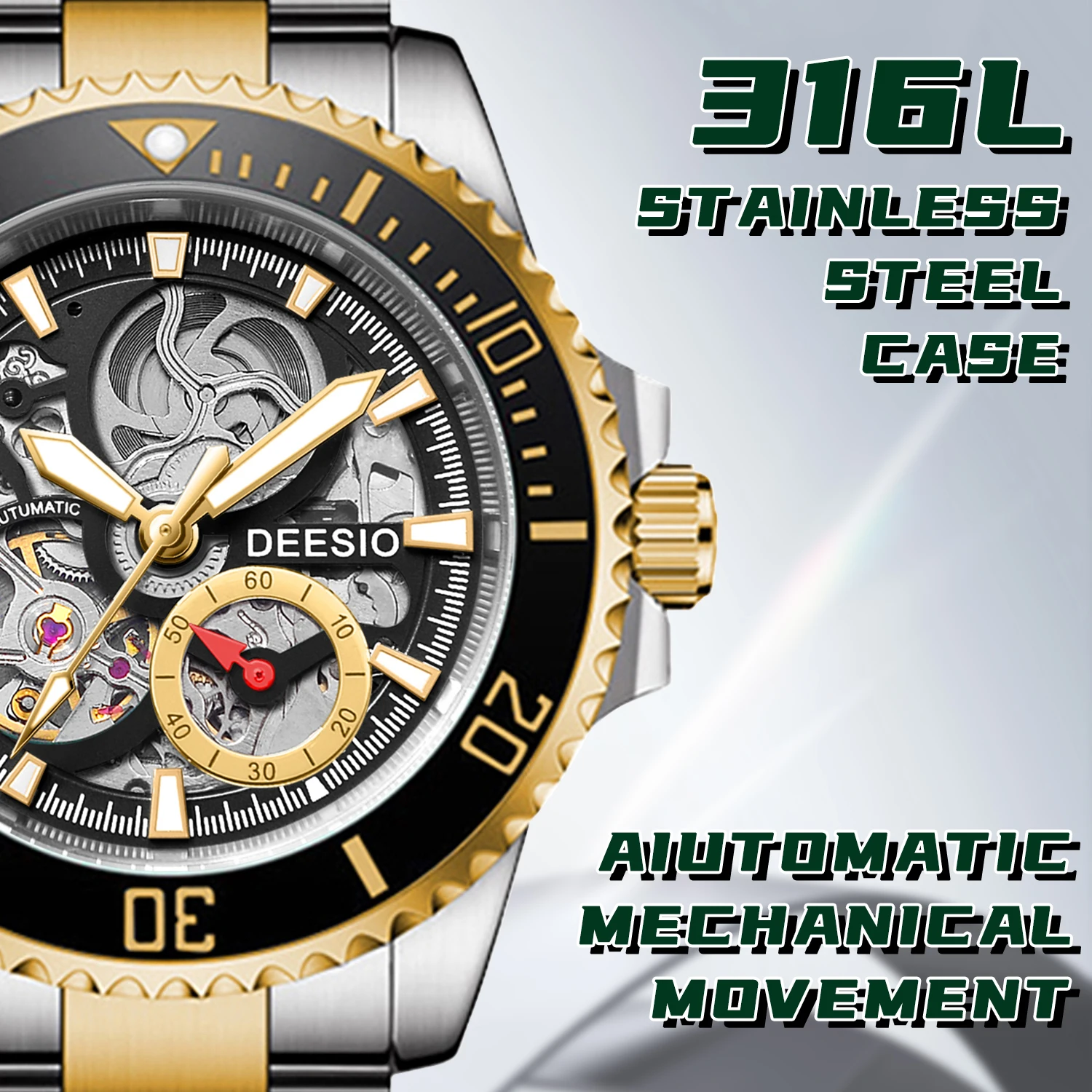 Deesio Jam Tangan Mekanis Otomatis Pria Baru Mewah Jam Tangan Bisnis Bercahaya Tahan Air Kristal Safir Baja Tahan Karat Hadiah