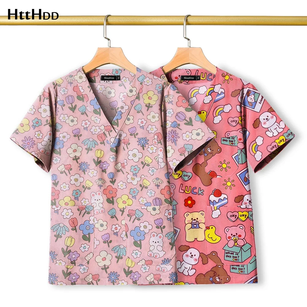 Printed Scrubs Surgical Uniform Top Fashion Work Clothes Nurse Doctor Cotton Breathable Spa Uniform Hot Sales Short Sleeved Tops