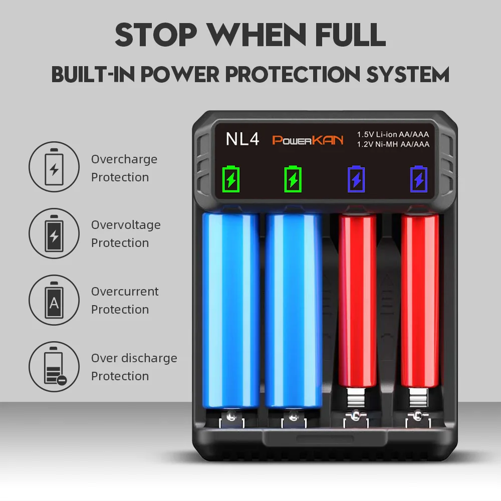POWERKAN NL4 Battery Charger, 4 Slots Independently Spport 1.2V Ni-MH Ni-Cd and 1.5V Li-ion AA/AAA Battery Charging