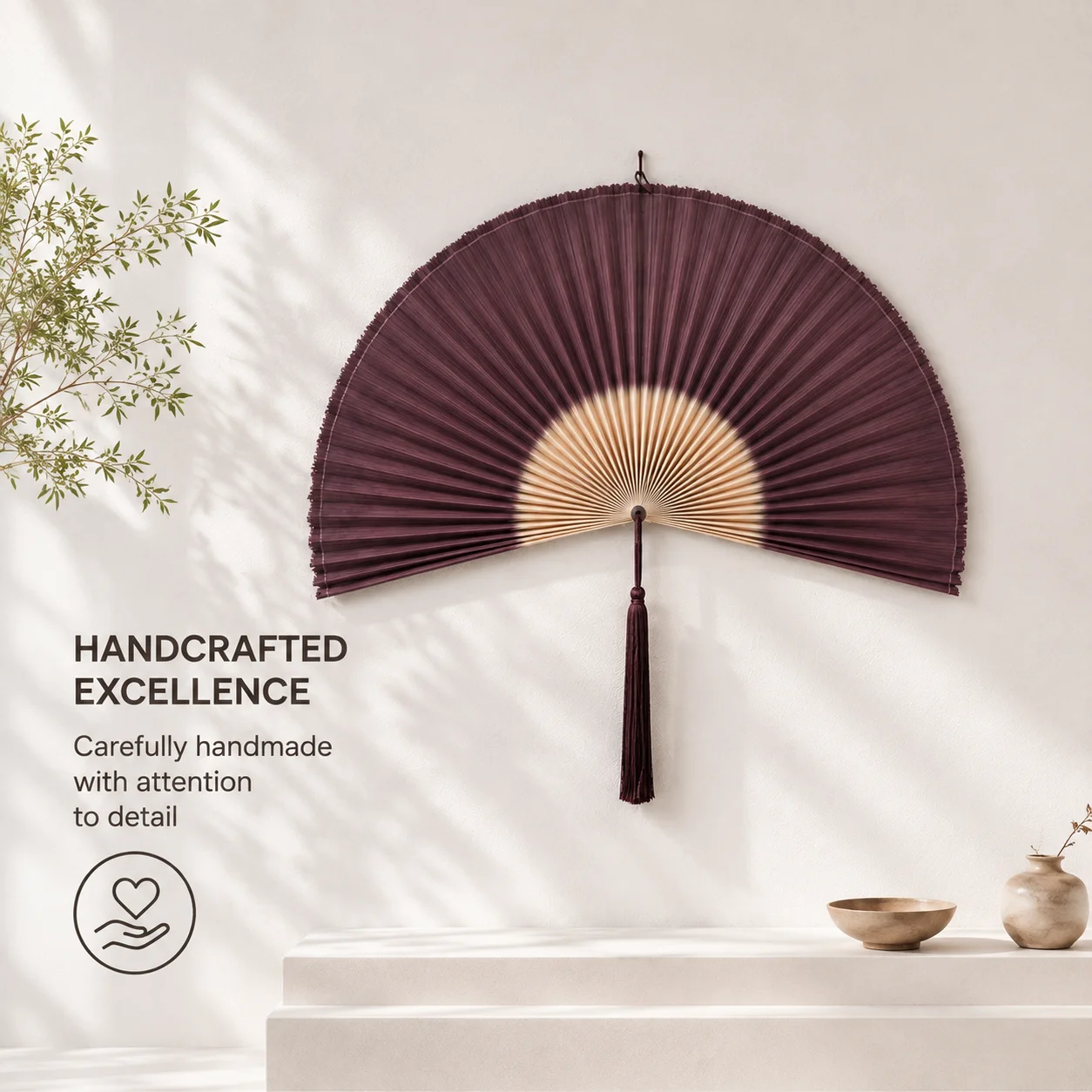 New Handmade Bamboo Wall Fan with Tassel, Gradient Purple Woven Hanging Fan Oriental Wall Decor for Wedding Homestay Tea House