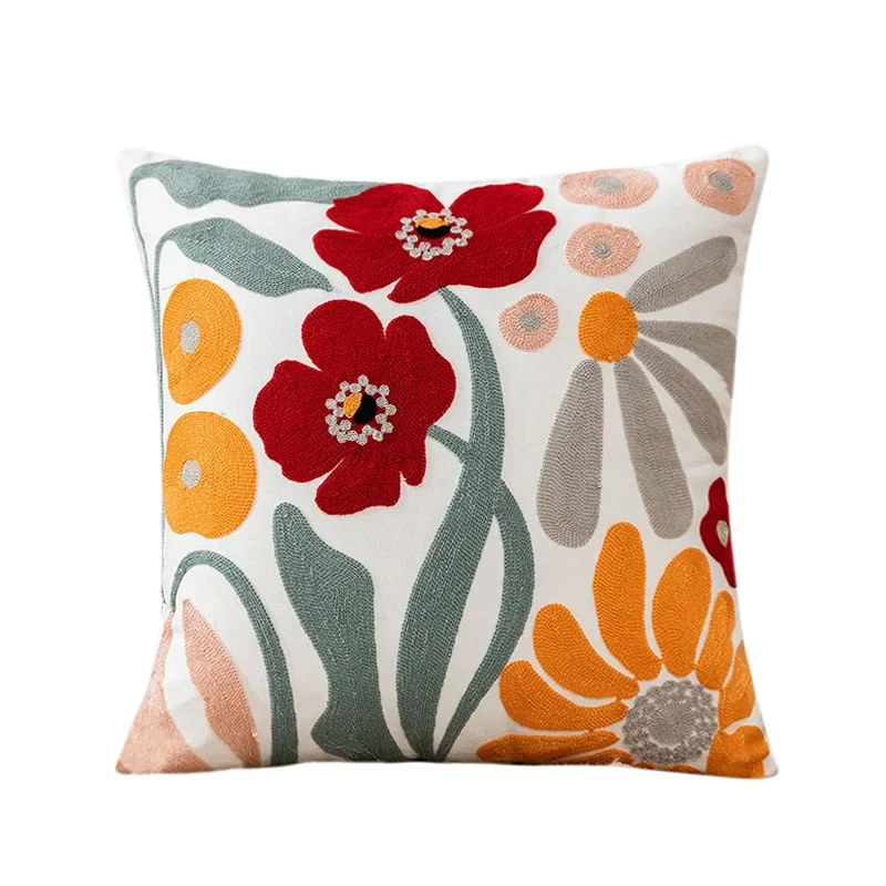 High Quality Towel Embroidered Cotton Flower Embroidered Cushion Cover Home Fabric Bedside Soft Bag Sofa Decorative Pillow Case