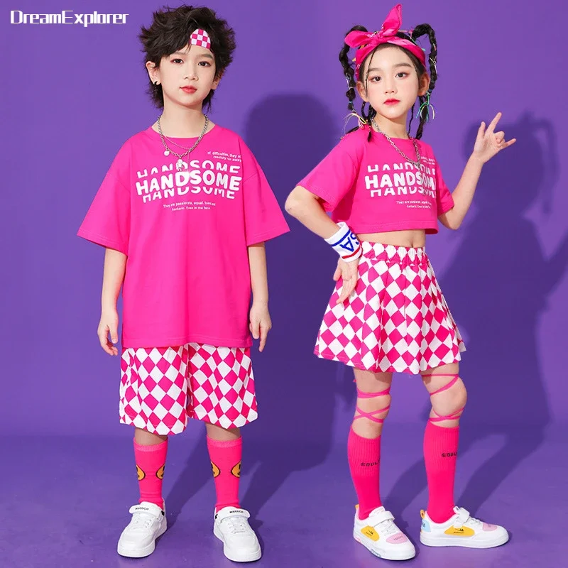 Girls Hip Hop Pink Crop Top Rose Plaid Skirts Boys T-shirt Street Dance Shorts Child Sweet Summer Clothes Sets Kids Jazz Costume