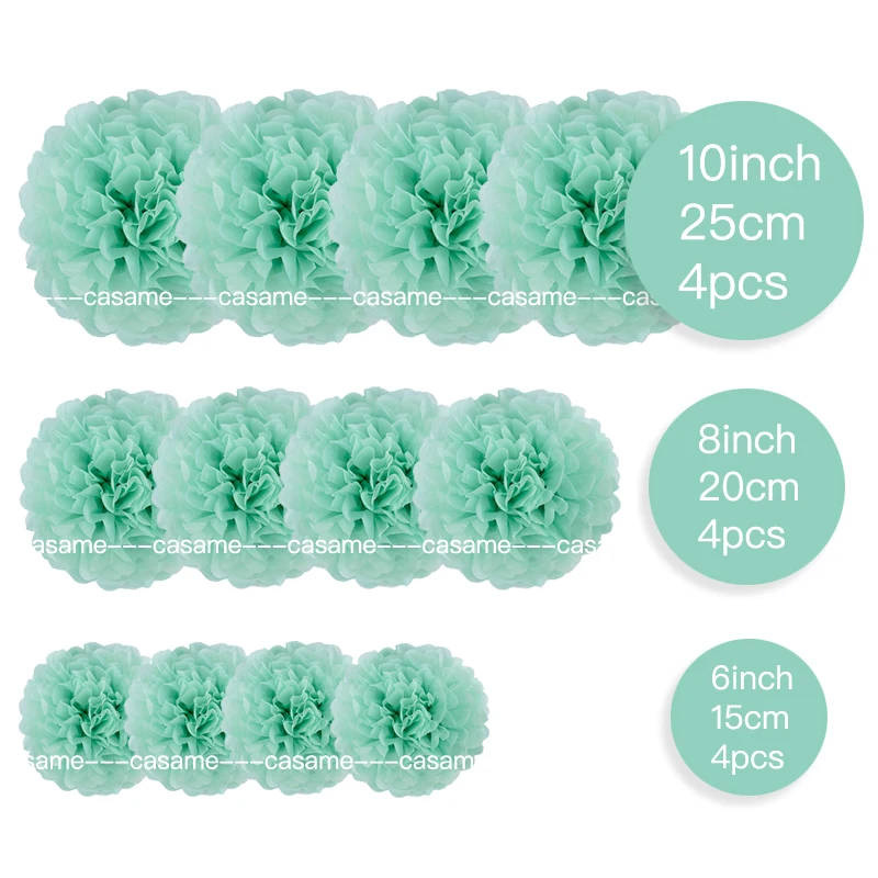 12-teiliges Pom-Pom-Set aus weißem und hellgrünem Papier – handgefertigte Weizenstrohblumen, geeignet für Hochzeit, Party, Wanddekoration