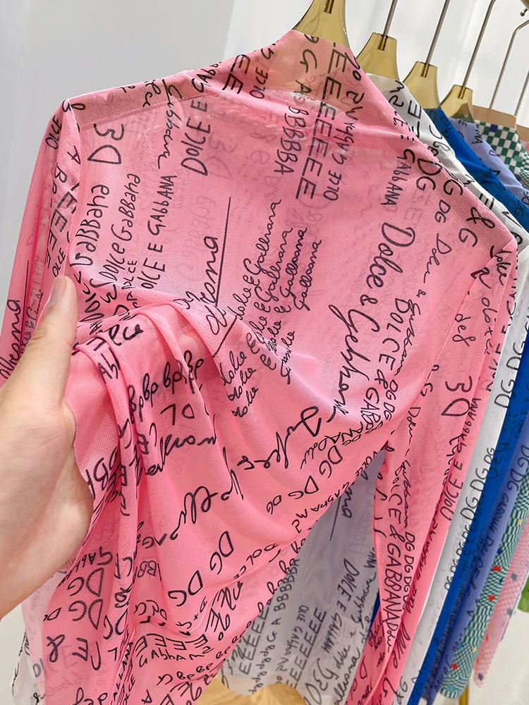 

Розовая женская летняя футболка из ледяного шелка с длинным рукавом, с буквенным принтом, корейский стиль, с высоким воротником, кружевная, для ношения под одеждой