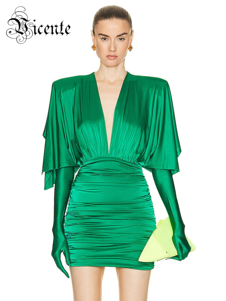 

VC Fashion Streetwear Women'S Dress For Special Event Sexy V Neck Draped Design Green Slim Thin Mini Dress With Gloves